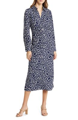 ZOE AND CLAIRE Geo Print Long Sleeve Midi Shirtdress in Navy