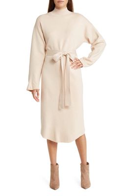 ZOE AND CLAIRE High Neck Tie Belt Sweater Dress in Almond