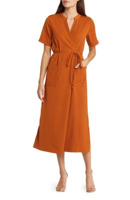 ZOE AND CLAIRE Patch Pocket Tie Belt Crepe Dress in Camel