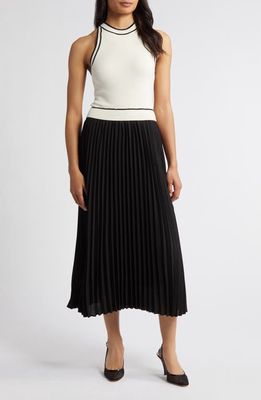 ZOE AND CLAIRE Pleated Skirt Mixed Media Midi Dress in Ivory/Black 