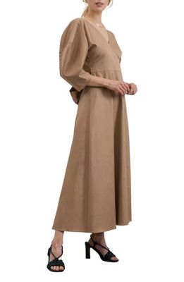 ZOE AND CLAIRE Puff Sleeve Bow Tie Dress in Camel