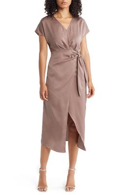 ZOE AND CLAIRE Satin Faux Wrap Dress in Taupe Gray