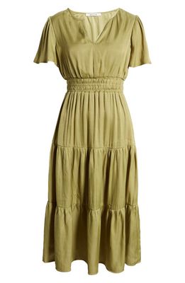ZOE AND CLAIRE Split Neck Tiered Midi Dress in Light Olive