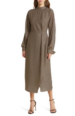 ZOE AND CLAIRE Squiggle Line Long Sleeve Mock Neck Midi Dress in Taupe/Black