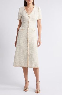 ZOE AND CLAIRE V-Neck Button Front Tweed Midi Dress in Light Khaki 