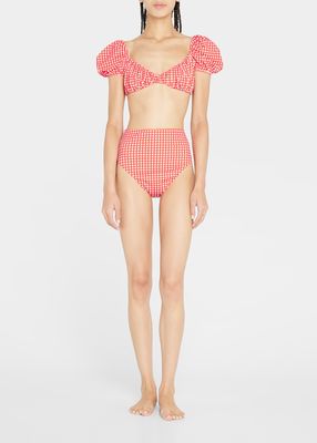 Zoe Gingham Puff-Sleeve Bikini Top