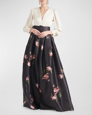 Zoe Pleated Two-Tone Floral-Print Gown