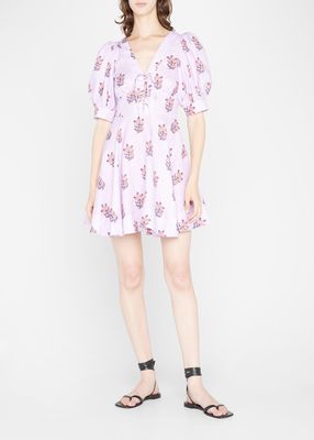 Zoya Puff-Sleeve Floral Linen Mini Dress