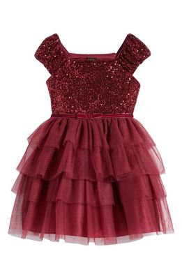 Zunie Kids' Cap Sleeve Sequin Tiered Tulle Party Dress in Burgundy