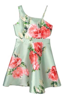 Zunie Kids' Floral Print Cutout Satin Dress in Sage/Multi