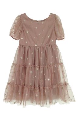 Zunie Kids' Glitter Star Puff Sleeve Tulle Dress in Mocha Brown