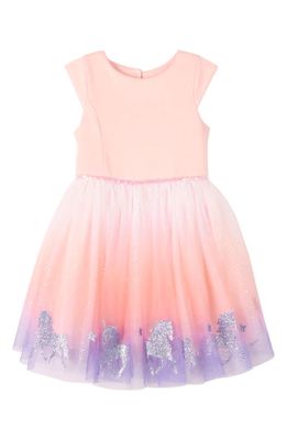 Zunie Kid's Glitter Unicorn Cap Sleeve Tulle Dress in Peach/Lilac