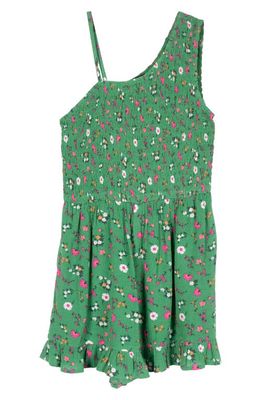 Zunie Kids' One-Shoulder Floral Print Romper in Green Multi