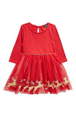 Zunie Long Sleeve Embroidered Reindeer Dress in Red/Gold